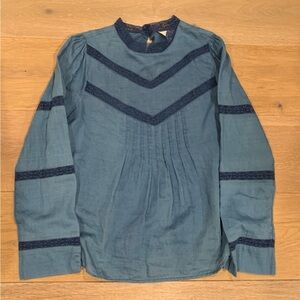 J CREW Denim Lace Trim Long Sleeve Blouse in Indigo Voile Sz Small Cottagecore